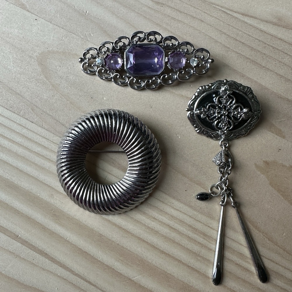 3 Vintage‎ Brooch Pins Geometric Rhinestones Silver Tone Fashion Jewelry Lot
